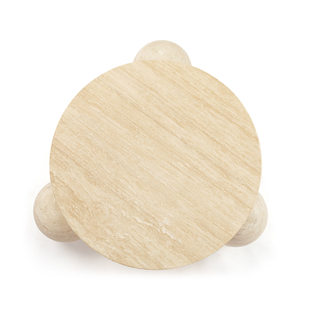 Amara Round Travertine Coffee Table with 3-Sphere Base
