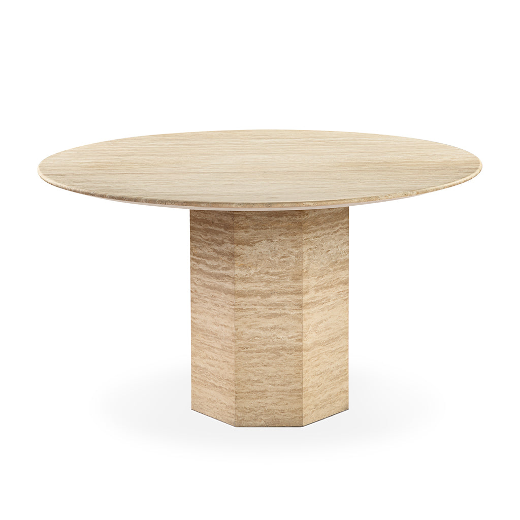 Picco Round Beige Travertine Dining Table with Hexagon Base - Final Sale